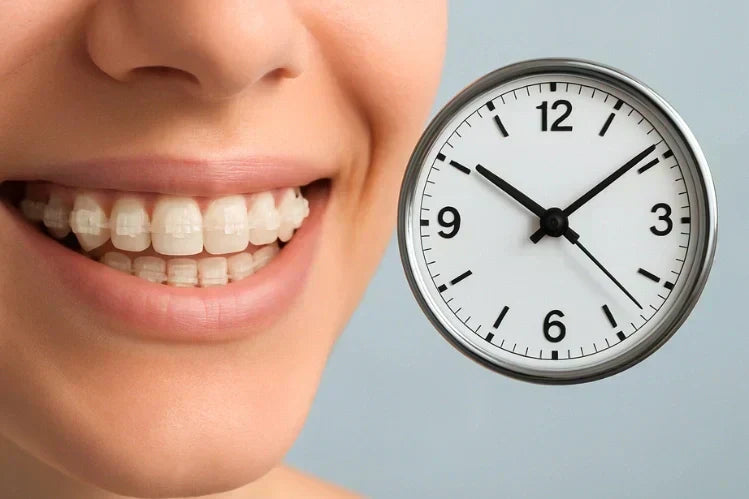 Une image d'une femme avec un appareil dentaire en céramique et une horloge représentant le temps de traitement avec un appareil dentaire en céramique