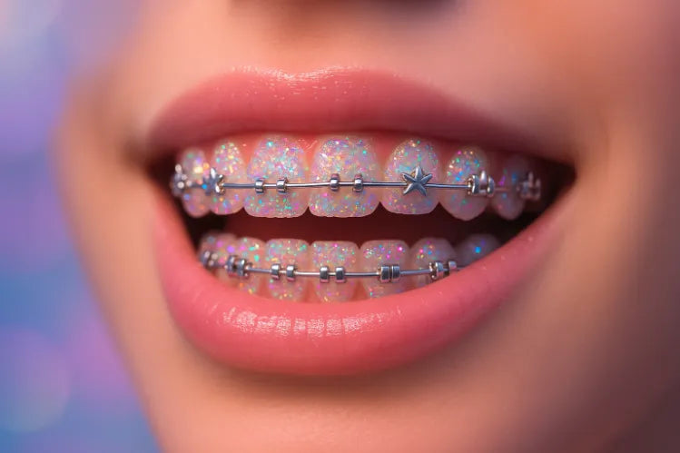 De faux appareils dentaires scintillants et scintillants sur les dents d'une fille.