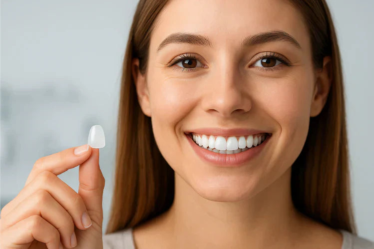 Une jeune fille tient une facette dentaire sans préparation