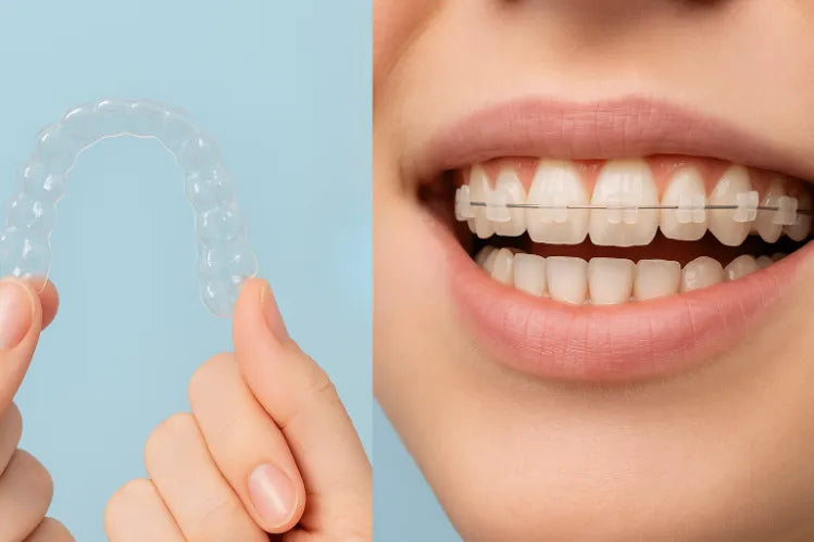 Comparaison côte à côte des appareils dentaires blancs et des aligneurs transparents.