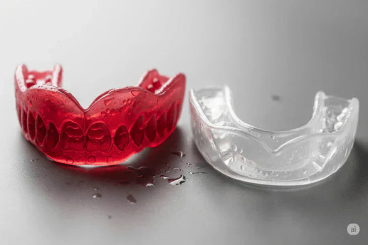 Un protège-dents spécialisé pour la boxe (rouge) et un protège-dents multisports (transparent)