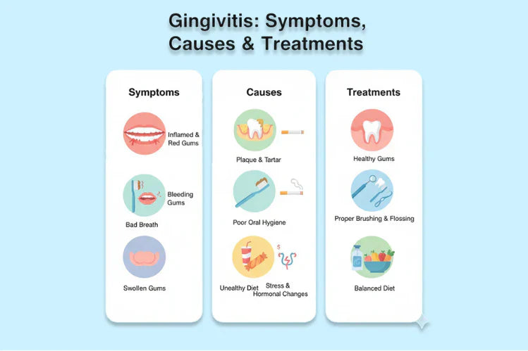 Une image illustre les symptômes, les causes et le traitement de la gingivite.