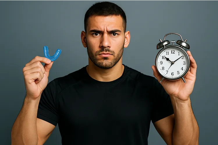 Un athlète tenant un protège-dents dans une main et une horloge dans l'autre main pour représenter le temps de port d'un protège-dents