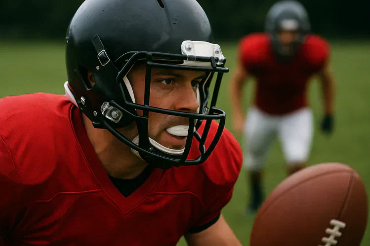 Un joueur joue au football en portant un protège-dents et un casque.