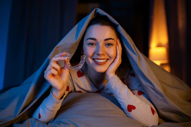 Une jeune fille tenant une veilleuse avant de dormir.