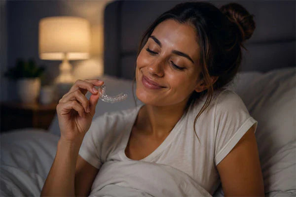 Une femme au lit tenant des protège-nuits