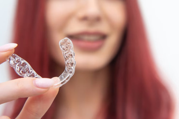 A woman showing an aligner