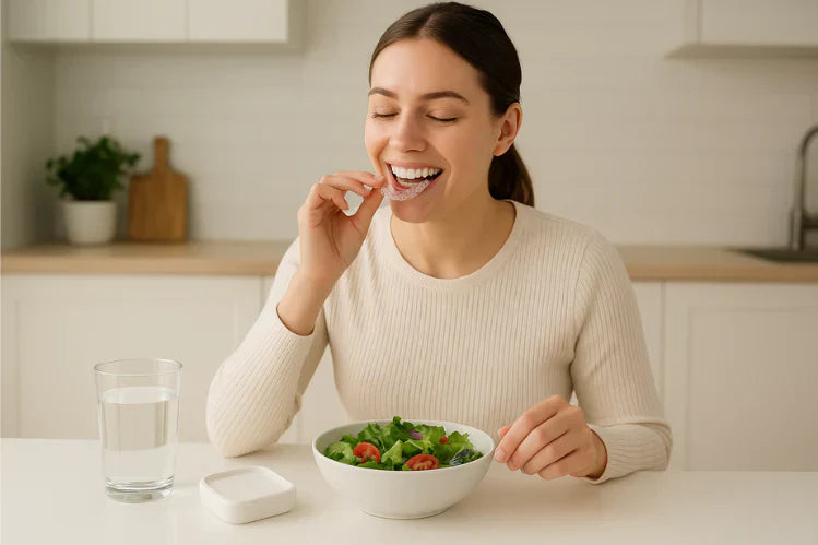 Jeune femme retirant ses gouttières transparentes avant de prendre un repas sain.